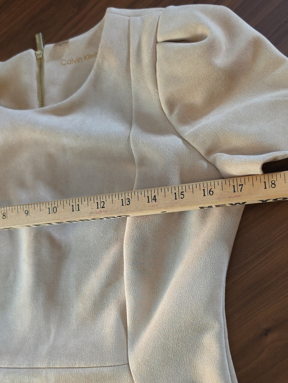 Calvin Klein Camel Tan Faux Suede Puff Short Sleeve Sheath Dress Size 10 - Picture 11 of 13